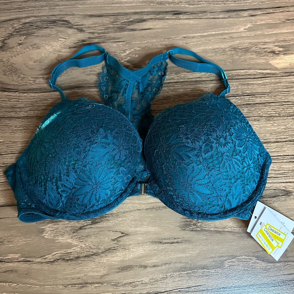 Teal bra. Clip front bra. Bra. Clip bra. Push-up bra.